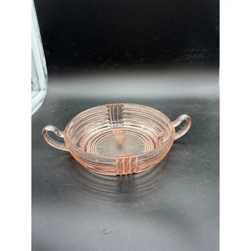 Vintage Pink Depression Glass Ribbed Candy Dish Art Deco Two Handle Nut Bowl‎